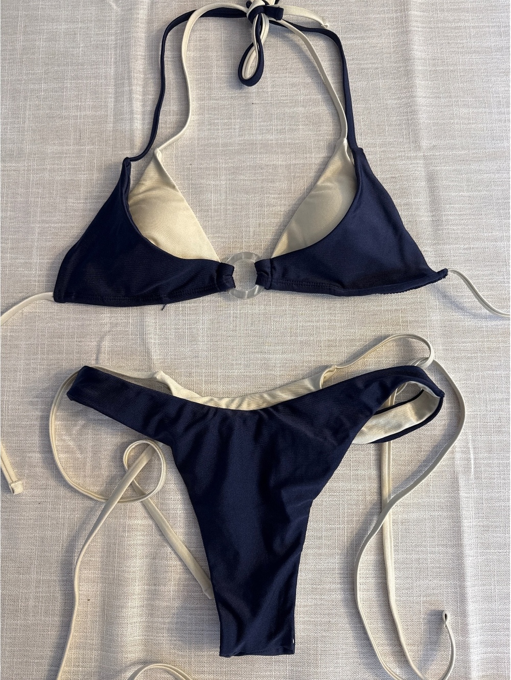 Seamolly Women's Two-Piece Bikini Swimsuit Set in Navy and Cream, Size Small